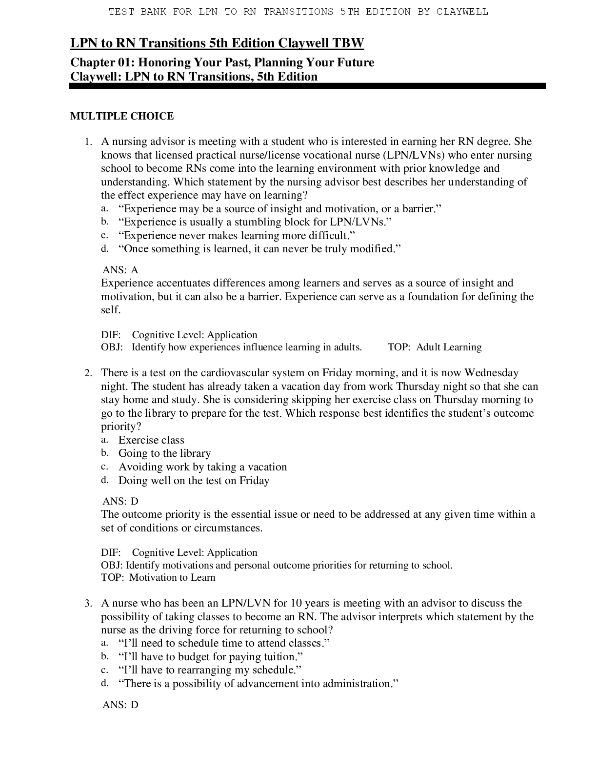 Preview image for LPN to RN Transitions 5th Edition Claywell TBW